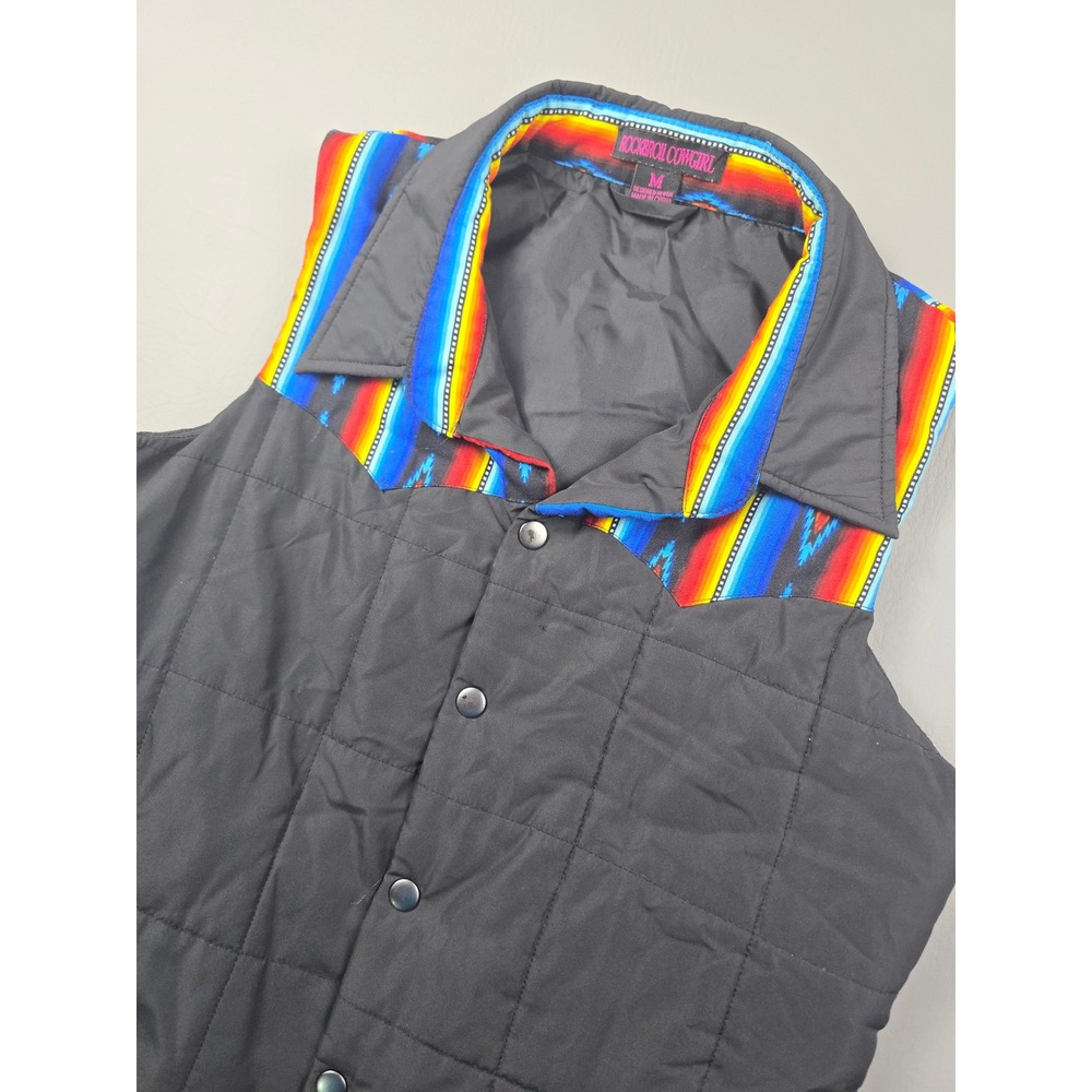 Rock and Roll Cowgirl Women Black Quilted Serape Yoke Snap Front Vest Medium